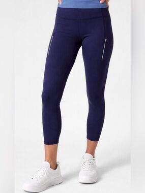 Athleta Rainer Navy Blue Small Pocket Leggings approx 23” Inseam White Logo 💎EUC